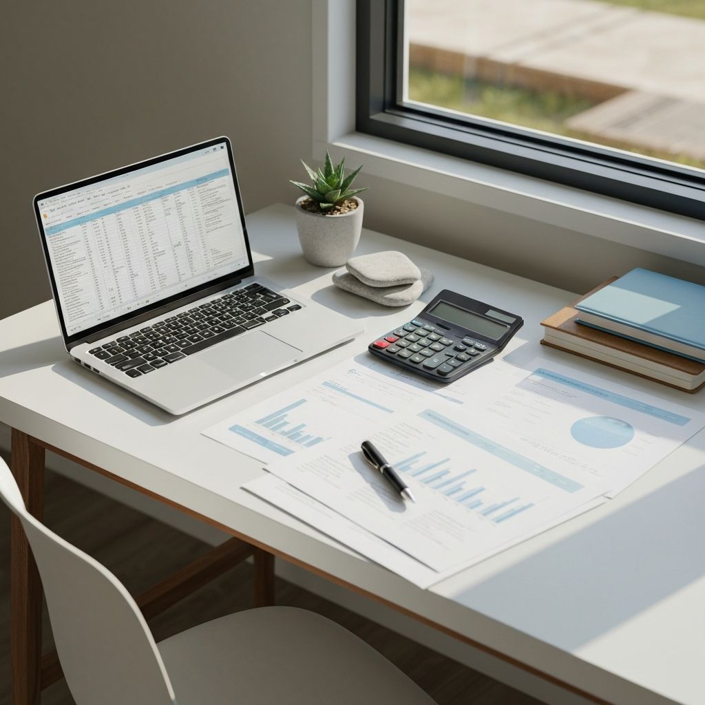 Organised bookkeeping workspace with laptop, calculator and financial documents