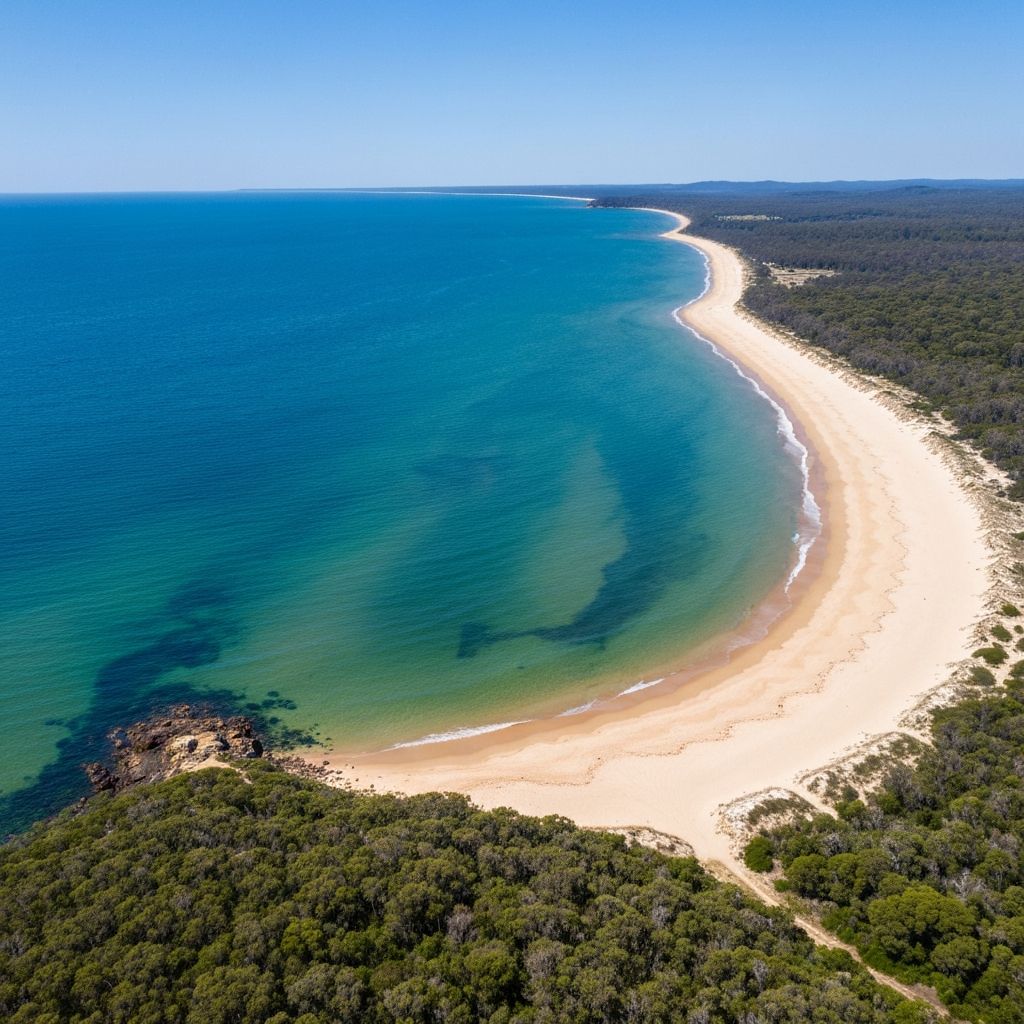 Aerial view of Long Beach and Batemans Bay coastline, New South Wales, Australia